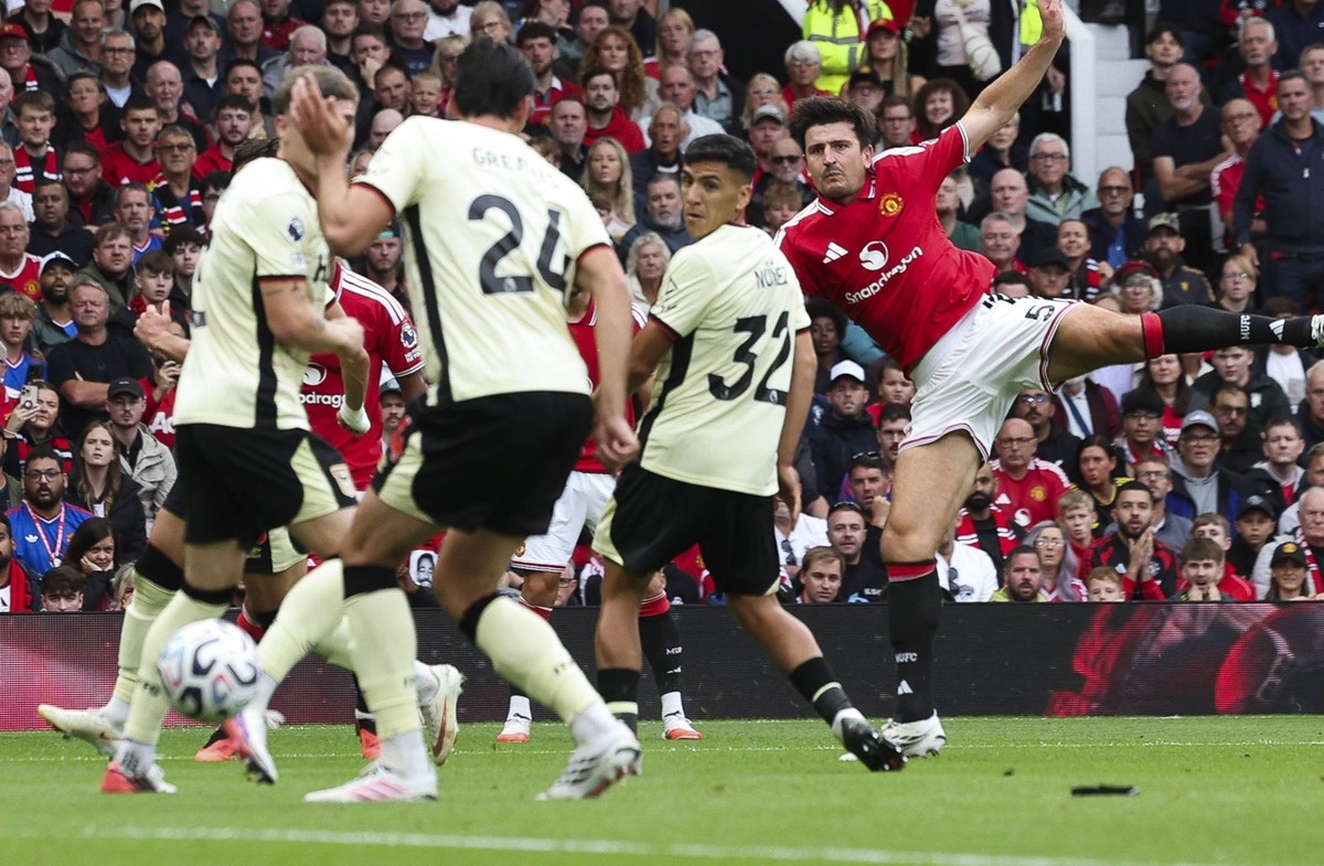 Manchester United, ManU v Ipswich Town, FA Premier League 30.08.26 Manchester United v Ipswich Town, FA Premier League Bradley Ormesher/The Times Harry Maguire of Manchester United shot defelcts of SJ ...