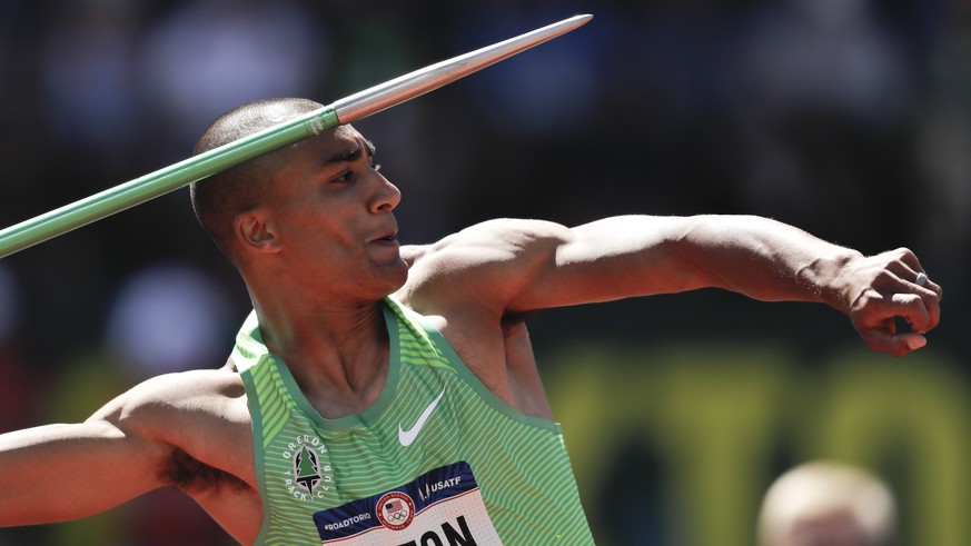 Ashton Eaton competes in the decathlon javelin throw at the U.S. Olympic Track and Field Trials, Sunday, July 3, 2016, in Eugene Ore. (AP Photo/Matt Slocum)