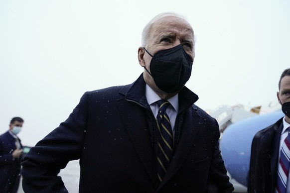 President Joe Biden speaks to reporters as he arrives at Andrews Air Force Base, Md., Friday, Jan. 28, 2022. (AP Photo/Andrew Harnik)
Joe Biden