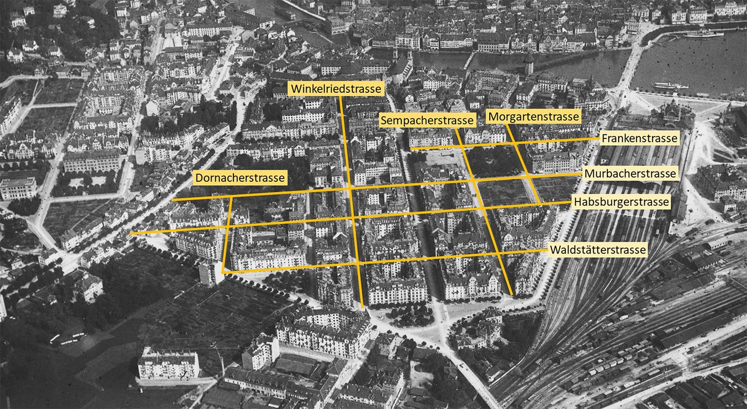 Luzerner Neustadt 1910, in typischer Blockrandbebauung: allseitig geschlossene Häusergevierte um einen gemeinsamen Innenhof, ausgerichtet auf den unmittelbar angrenzenden Strassenraum.