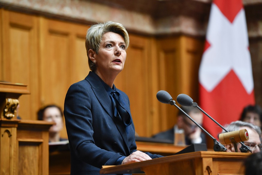 epa07209437 Newly elected Swiss Federal Councillor Karin Keller-Sutter of the Free Democratic Party (FDP) reacts at the speaker&#039;s desk after having accepted her election as new member of the Swis ...