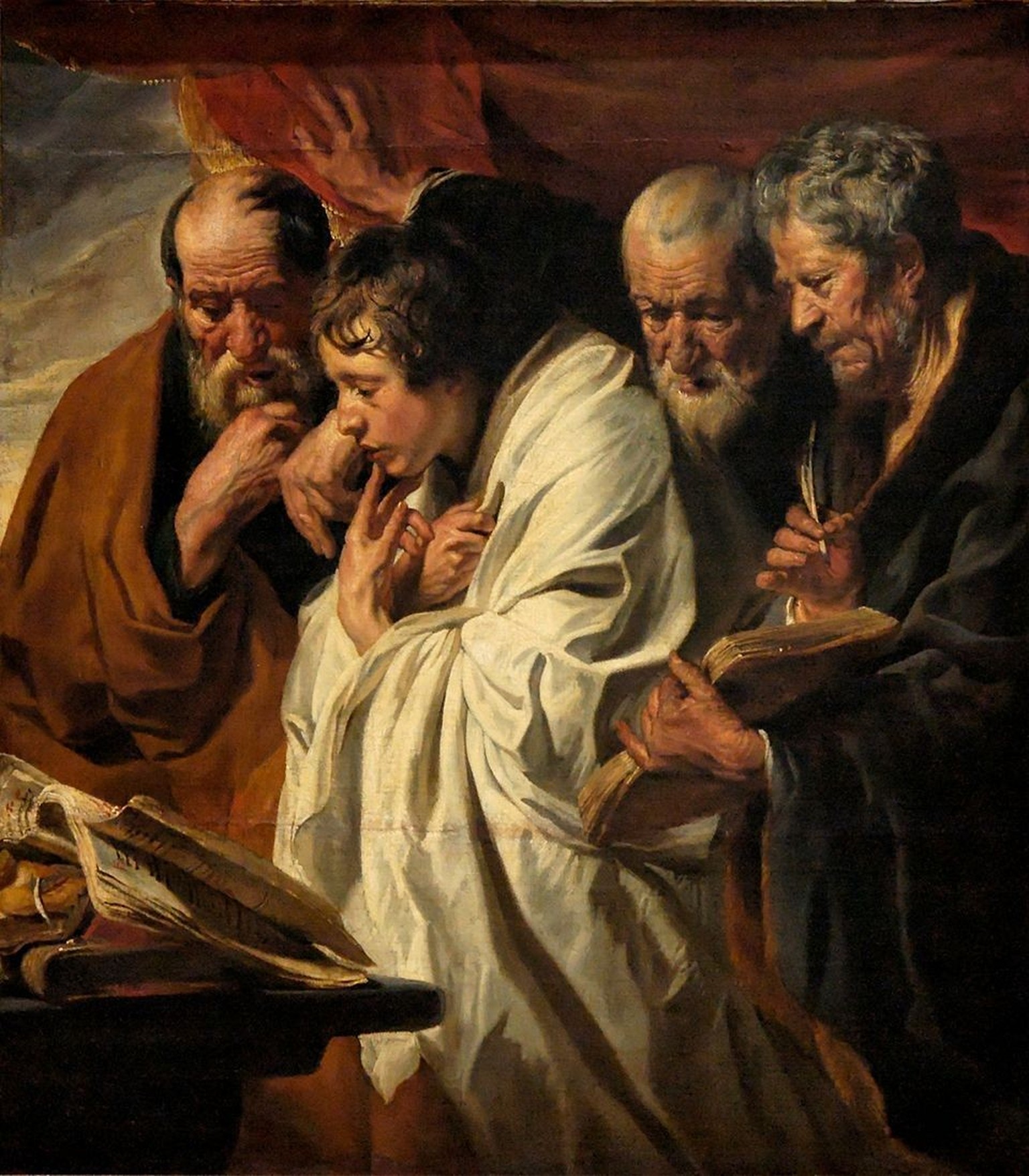 Die vier Evangelisten, Gemälde von Jacob Jordaens, 1625–1630.
https://en.wikipedia.org/wiki/Four_Evangelists#/media/File:Four_Evangelists_Jordaens_Louvre_Inv1404.jpg