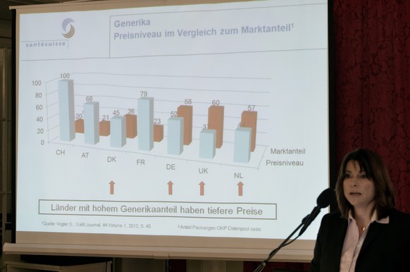 Verena Nold, Direktorin santésuisse, äussert sich im Namen von santésuisse zum Auslandpreisvergleich der Medikamente am Donnerstag, 13. Februar 2014 in Bern.