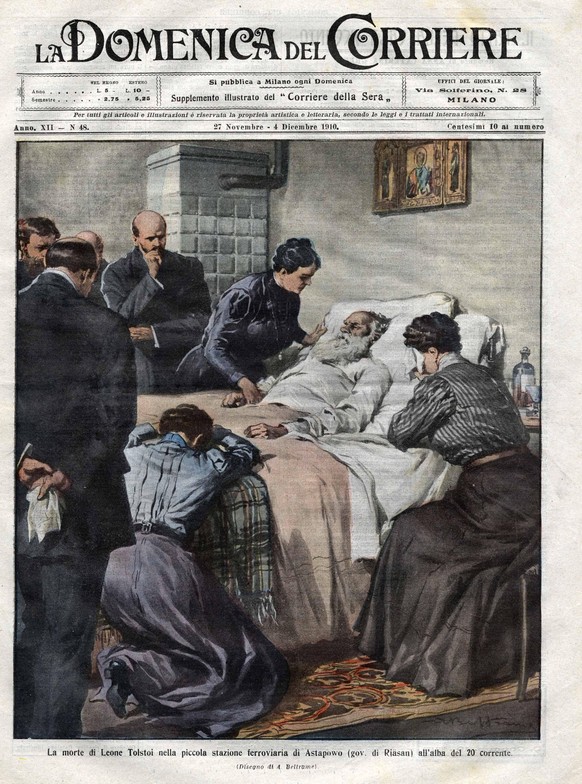 la mort de L�on Tolsto� (1828 - 1910) dans une gare de Astapowo le 20 novembre 1910. illustration de Achille Beltrame. couverture de la Domenica del corriere du 27/11/1910 !AUFNAHMEDATUM GESCH�TZT! PU ...