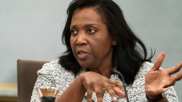 FILE - Board of Governors of the Federal Reserve member Lisa Cook, speaks during a conversations with leaders from organizations that include nonprofits, small businesses, manufacturing, supply chain  ...