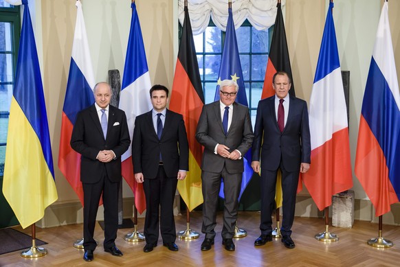 Aussenministertreffen in Berlin: Laurent Fabius (Fr), Pavlo Klimkin (Ukr), Frank-Walter Steinmeier (Dt) und Sergei Lavrov (Ru).