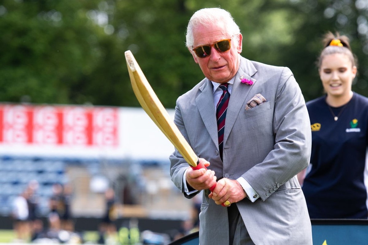 CARDIFF, WALES - JULY 09: Prince Charles, Prince of Wales plays cricket at Sofia Gardens Cricket Ground on July 9, 2021 in Cardiff, United Kingdom. (Photo by Polly Thomas/Getty Images)