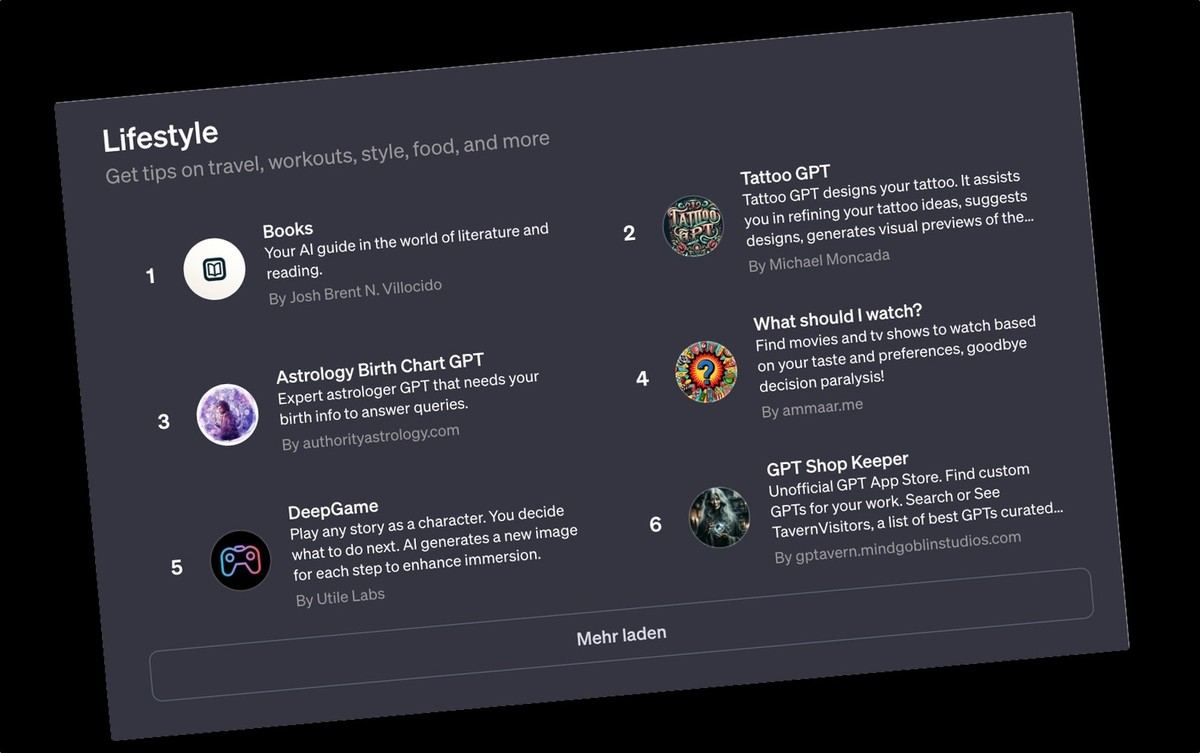 Der Screenshot zeigt einen Ausschnitt des GPT-Store von OpenAI.