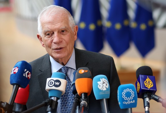epa11227558 High Representative of the European Union for Foreign Affairs and Security Policy, Josep Borrell, speaks to the media at the start of a European foreign ministers council meeting in Brusse ...