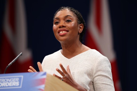 epa12439246 British Conservative Party Leader Kemi Badenoch speaks on the final day of the Conservative Party Conference in Manchester, Britain, 08 October 2025. The conference runs from 05 to 08 Octo ...