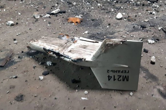 FILE - This undated photograph released by the Ukrainian military&#039;s Strategic Communications Directorate shows the wreckage of what Kyiv has described as an Iranian Shahed drone downed near Kupia ...
