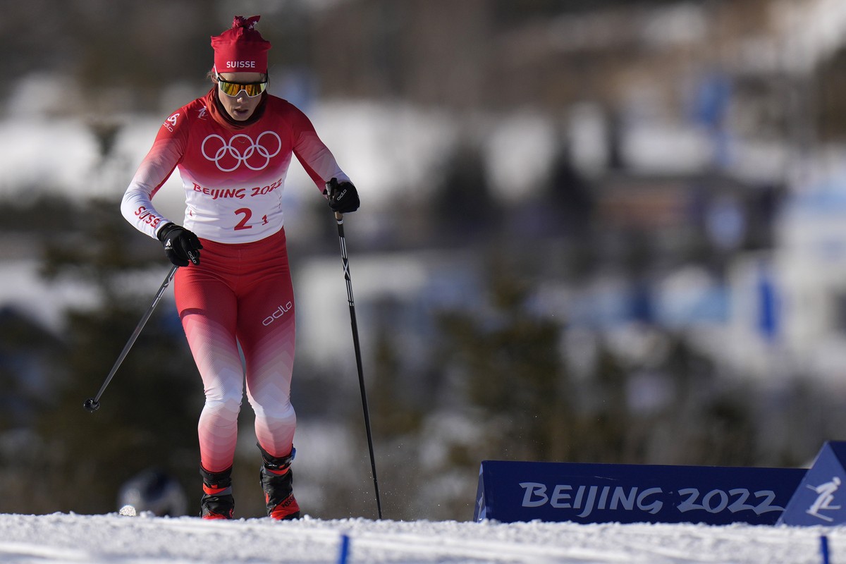 Laurien van der Graaff, of Switzerland, competes during the women's team sprint classic cross-country skiing competition at the 2022 Winter Olympics, Wednesday, Feb. 16, 2022, in Zhangjiakou, Chi ...