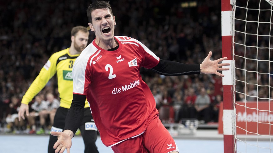 Swiss Andy Schmid celebrate the goal during the Handball EHF Euro 2018 qualification game between Switzerland and Germany in Zurich, Switzerland, Saturday, November 05, 2016. (KEYSTONE/Ennio Leanza)