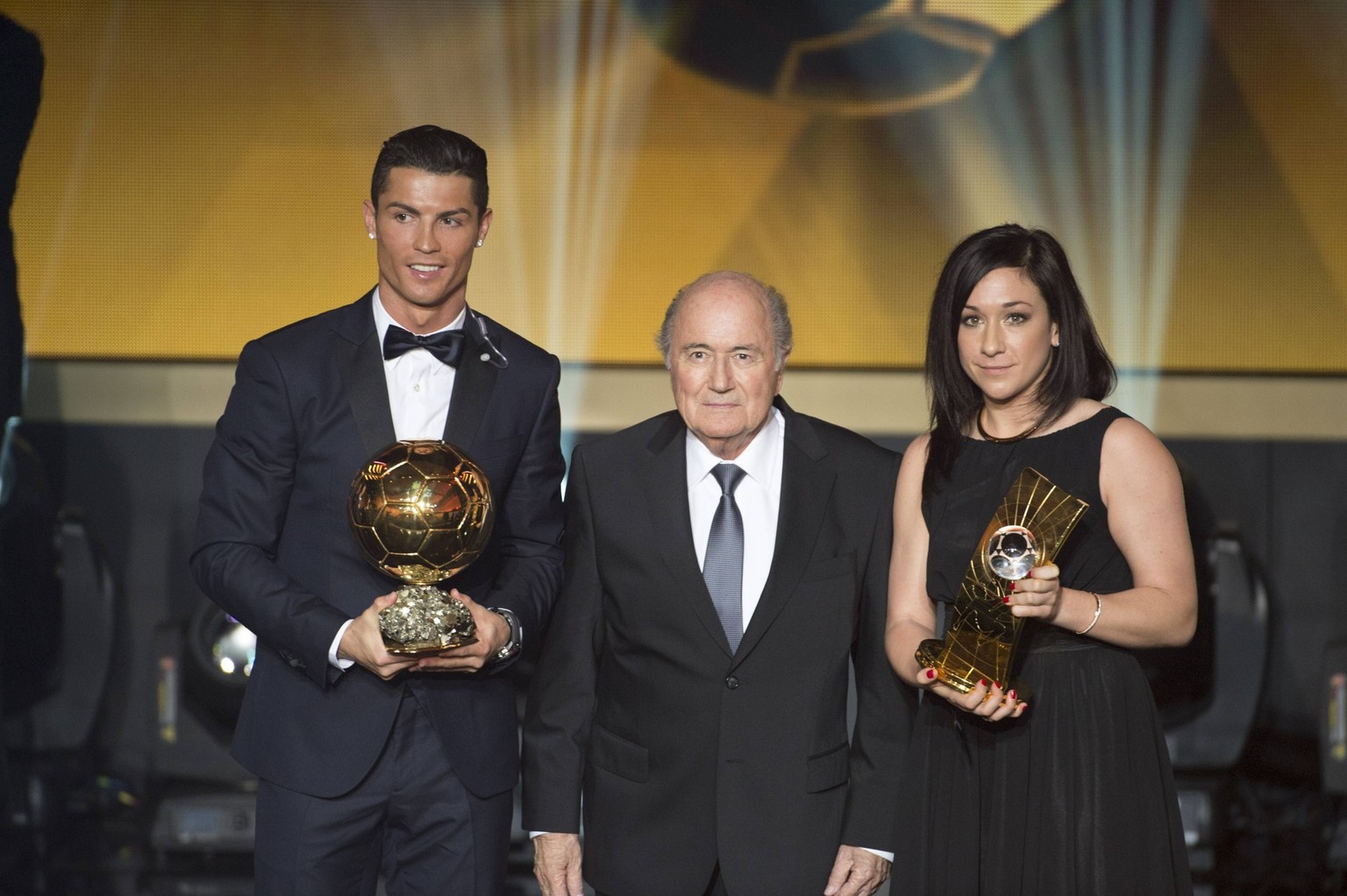 (L-R) Cristiano Ronaldo, Joseph Blatter, Nadine Kessler, JANUARY 12, 2015 - Football / Soccer : FIFA Ballon d Or winner Cristiano Ronaldo and FIFA Women s World Player of the Year winner Nadine Kessle ...