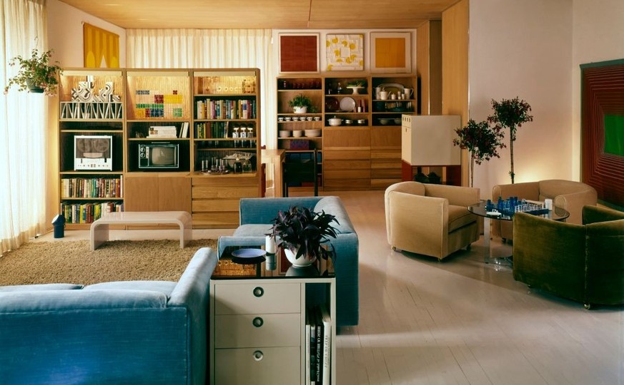House &amp; Garden October 1968 Architecture
Living room designed by Terence Conran with blue velour counch, , pile oak cabinets, shag rug, stackable storage cubes and storage unit against wall for di ...