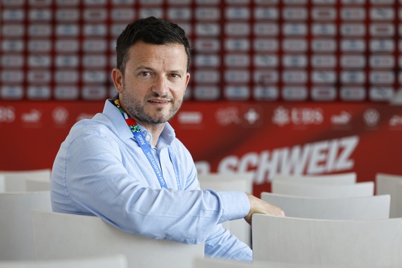 Roberto Maida, Italian journalist for Corriere dello Sport, poses after a press conference of the Swiss team at the &quot;Stadion auf der Waldau&quot; in Stuttgart, Germany, Thursday, June 27, 2024.(K ...
