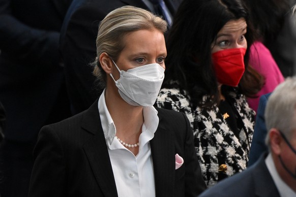 epa09752107 The co-leader of the Alternative for Germany (AfD) party Alice Weidel before the Federal Assembly (Bundesversammlung) at the Paul Loebe Haus in Berlin, Germany, 13 February 2022. The Feder ...