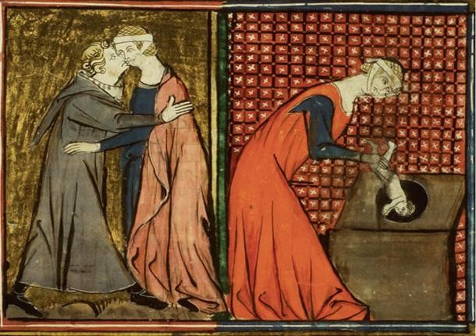 A detail from an illuminated manuscript depicting a medieval monk seducing a nun, who becomes pregnant and has an illegitimate baby. She then disposes of the baby in the privy (toilet). From the Mirac ...