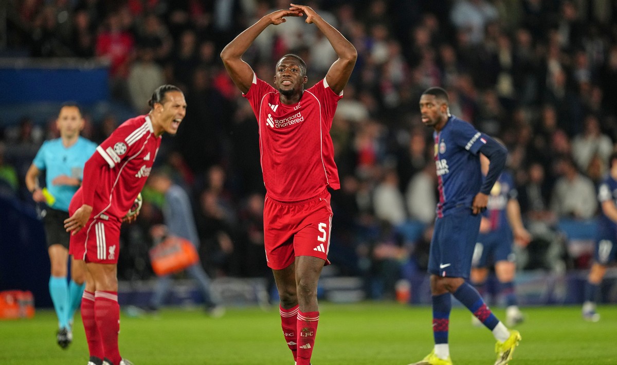 Liverpool's Ibrahima Konate reacts during the Champions League quarterfinal first leg soccer match between Paris Saint-Germain and Liverpool in Paris, Wednesday, April 8, 2026. (AP Photo/Aurelien ...
