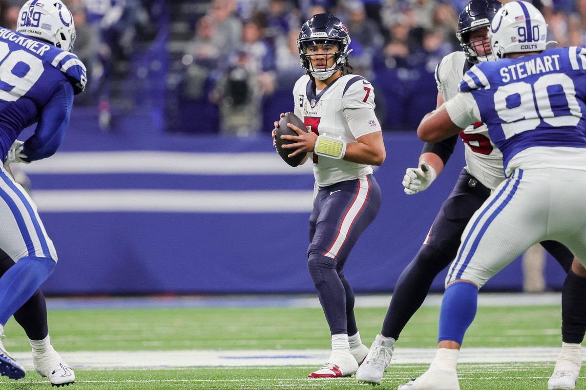 January 6, 2024, Indianapolis, Indiana, U.S: Houston Texans quarterback C.J. Stroud 7 looks for a receiver from the pocket during the game between the Houston Texans and the Indianapolis Colts at Luca ...