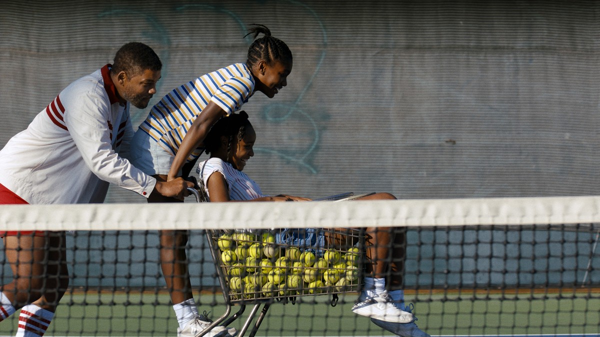 This image released by Warner Bros. Pictures shows, from left, Will Smith as Richard Williams,Demi Singleton as Serena Williams and Saniyya Sidney as Venus Williams in "King Richard." (Warne ...