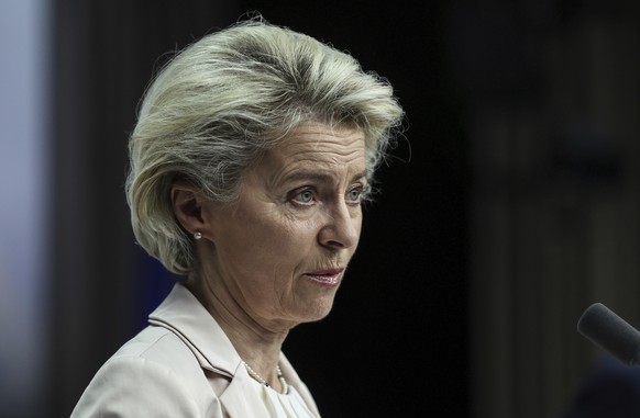 European Commission President Ursula von der Leyen speaks during a media conference at the conclusion of an Eastern Partnership Summit in Brussels, Wednesday, Dec. 15, 2021. European Union leaders met ...