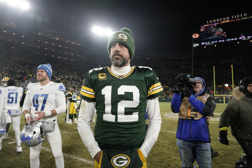 Green Bay Packers quarterback Aaron Rodgers stands on the field following an NFL football game against the Detroit Lions Sunday, Jan. 8, 2023, in Green Bay, Wis. The Lions won 20-16. (AP Photo/Morry G ...