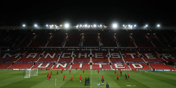 A general view of the Paris Saint Germain training session at Old Trafford, in Manchester, England, Monday, Feb. 11, 2019. Paris Saint Germain will play Manchester United in a Champions League Round o ...