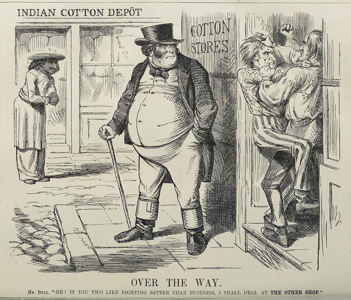 Karikatur mit John Bull, der Personifikation des Grossbritanniens, mit dem Ausspruch: «Oh, wenn ihr beiden Kämpfen lieber mögt als das Geschäft, werde ich im anderen Shop einkaufen». John Bull ist ver ...