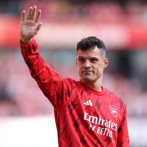 Arsenal v Wolverhampton Wanderers 28 May 2023, London - Premier League Football - Arsenal v Wolverhampton Wanderers - Granit Xhaka of Arsenal waves - Photo: Jacques Feeney / Offside. London UK *** Ars ...