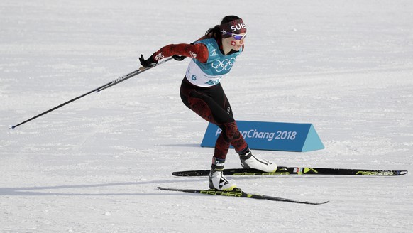 Nathalie von Siebenthal competes during the women&#039;s 10km freestyle cross-country skiing competition at the 2018 Winter Olympics in Pyeongchang, South Korea, Thursday, Feb. 15, 2018. (AP Photo/Kir ...