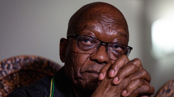 epa09330731 (FILE) - Former South African President Jacob Zuma speaks during a press conference in Nkandla, Kwa-Zulu Natal, South Africa, 04 July 2021 (reissued 08 July 2021). Zuma has handed himself  ...