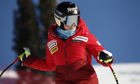 Switzerland&#039;s Lara Gut-Behrami inspects the course prior to an alpine ski, women&#039;s World Cup super-G, in Crans Montana, Switzerland, Sunday, Jan. 24, 2021. (AP Photo/Gabriele Facciotti)