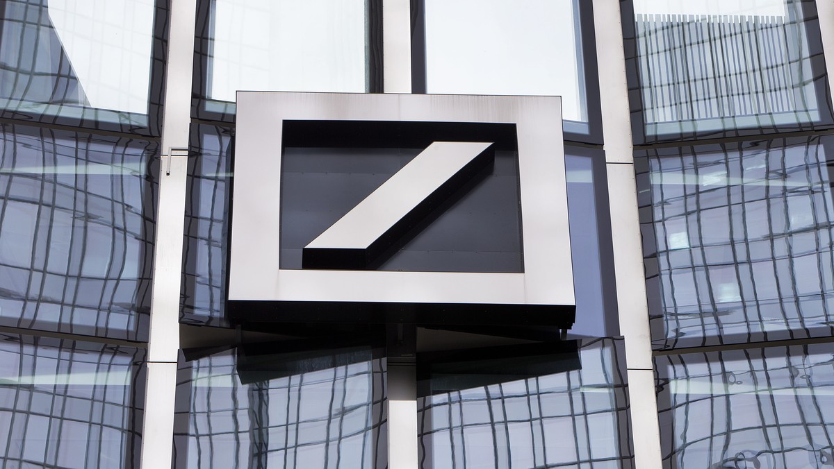 FILE - The Deutsche Bank logo is displayed at a bank's building in Frankfurt, Germany, April 9, 2018. Shares in Deutsche Bank, Germany?s largest lender, have fallen sharply and dragged down major ...