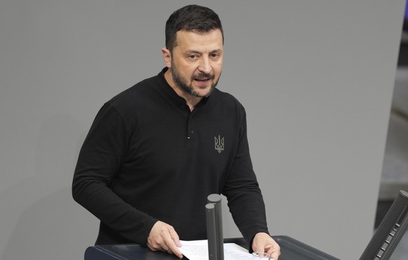 Ukraine&#039;s President Volodymyr Zelenskyy delivers a speech at the German parliament Bundestag at the Reichstag Building in Berlin, Germany, Tuesday, June 11, 2024. Germany is hosting a conference  ...