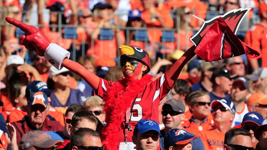 DENVER, CO - OCTOBER 5: A colorful Arizona Cardinals fan shows her support during a game between the Denver Broncos and the Arizona Cardinals at Sports Authority Field at Mile High on October 5, 2014  ...