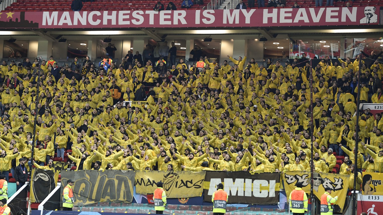 The fans from Bern celebrate ahead of the UEFA Champions League Group H matchday 5 soccer match between England&#039;s Manchester United FC and Switzerland&#039;s BSC Young Boys in the Old Trafford st ...