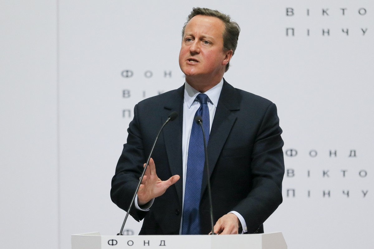 FILE - In this Wednesday, March 29, 2017 file photo Britain's former Prime Minister David Cameron gestures as he delivers a public lecture "Ukraine's Place in a changing world" at  ...