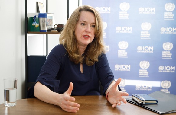 KYIV, UKRAINE - APRIL 11, 2024 - Director General of the International Organization for Migration IOM Amy Pope is pictured during an interview with the Ukrinform Ukrainian National News Agency, Kyiv,  ...