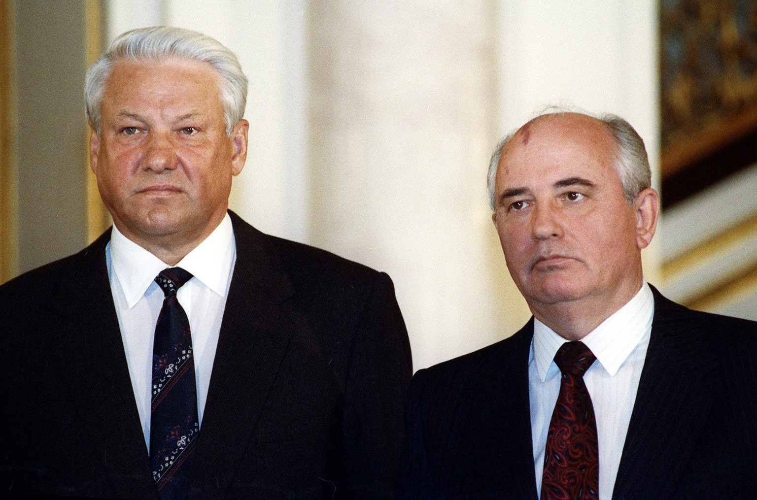 FILE Former Soviet President Mikhail Gorbachev, right, stands with Russian President Boris Yeltsin in Moscow, Russia in this 1991 photo. Russian news agencies are reporting that former Soviet Presiden ...