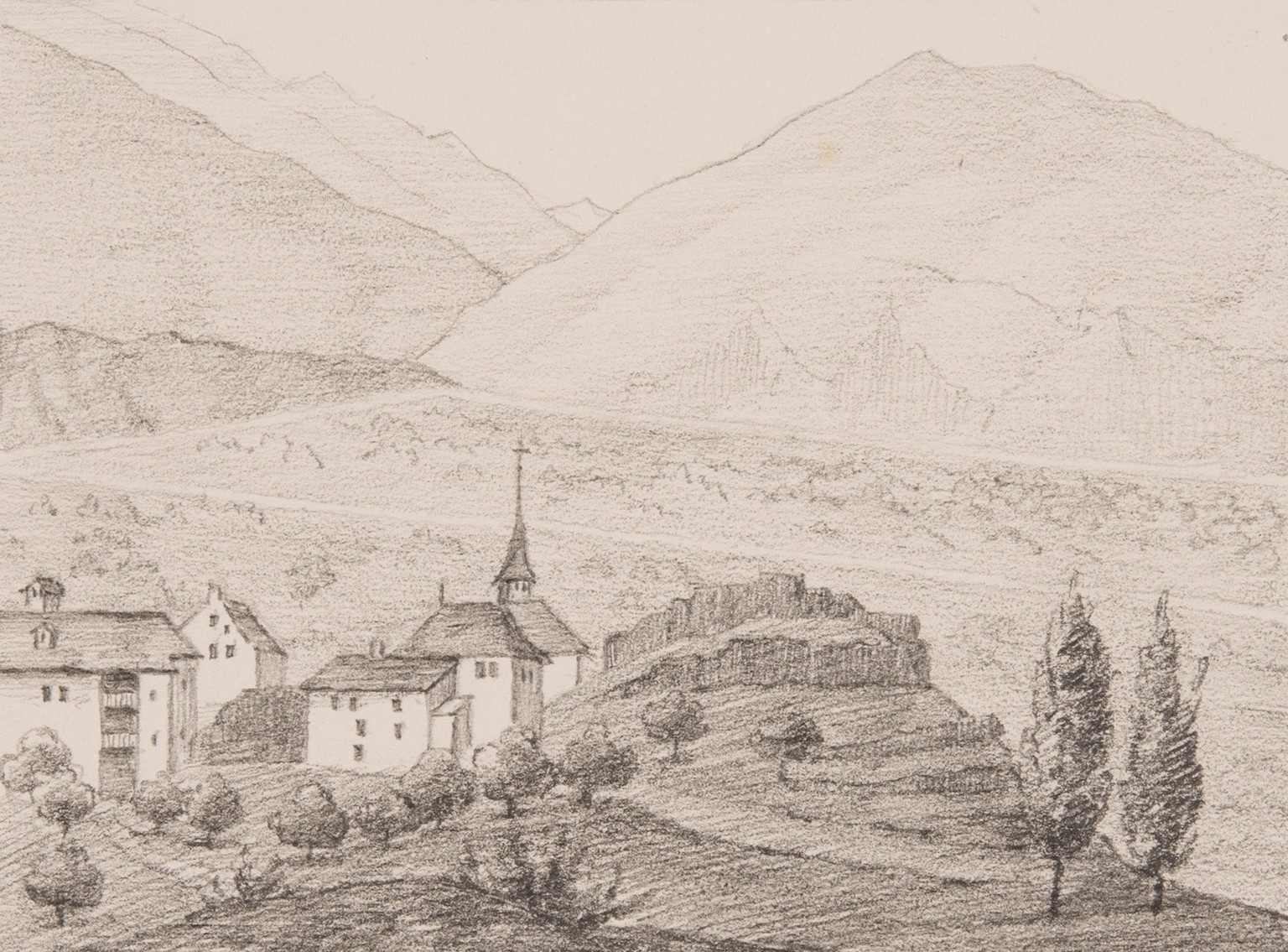 Das nach der Schlacht auf der Planta von den Wallisern besetzte Conthey in einer Handzeichnung von 1868. Im Vordergrund die Ruine, des 1475 zerstörten Schlosses der Grafen von Savoyen.
https://permali ...