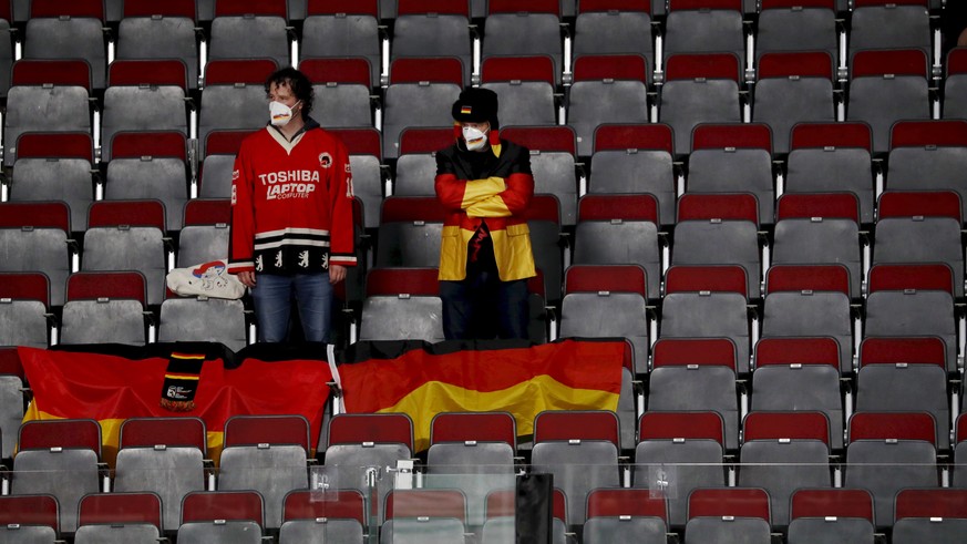 epa09249683 German fans attend the IIHF Ice Hockey World Championship 2021 semi final match between Finland and Germany at the Arena Riga, Latvia, 05 June 2021. EPA/TOMS KALNINS