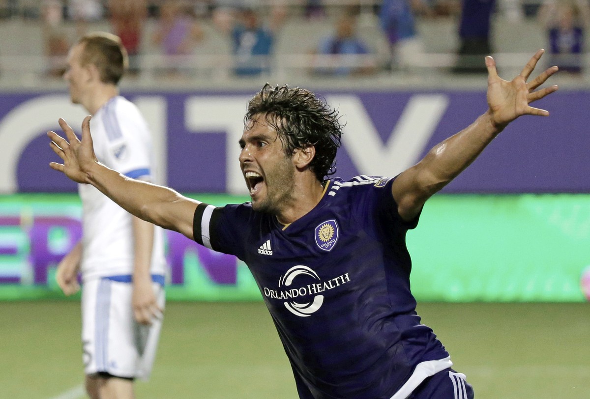 FILE - In this May 21, 2016, file photo, Orlando City's Kaka celebrates after teammate Cyle Larin scored against the Montreal Impact during the second half of an MLS soccer game in Orlando, Fla.  ...