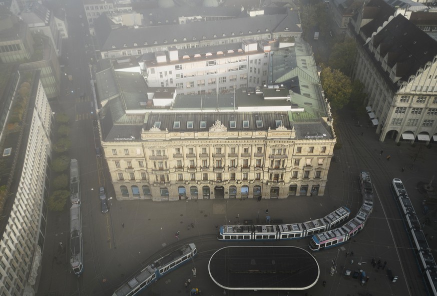 The headquarters of Swiss bank Credit Suisse is pictured in this photo taken with a drone in Zurich, Switzerland on Thursday, October 27, 2022. Credit Suisse announced on October 27, a restructuring p ...