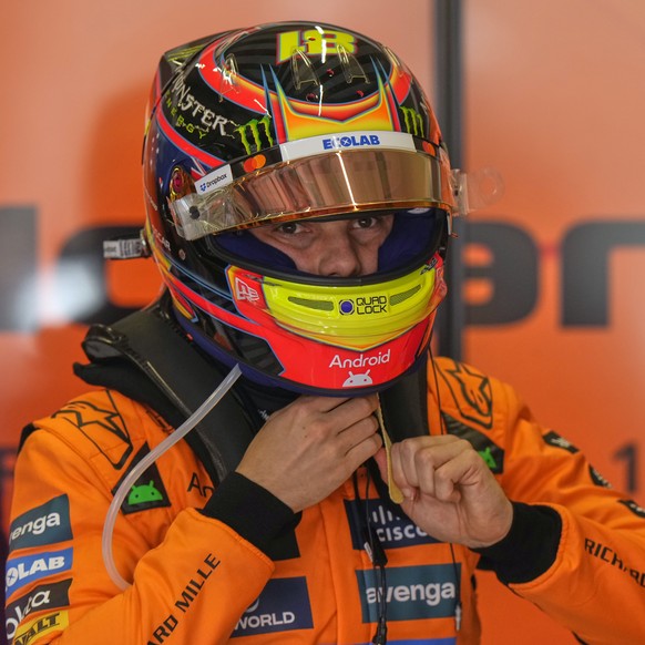 McLaren driver Oscar Piastri of Australia prepares for the Italian Emilia Romagna Formula One Grand Prix race, at the Enzo and Dino Ferrari racetrack in Imola, Italy, Sunday, May 18, 2025. (AP Photo/L ...