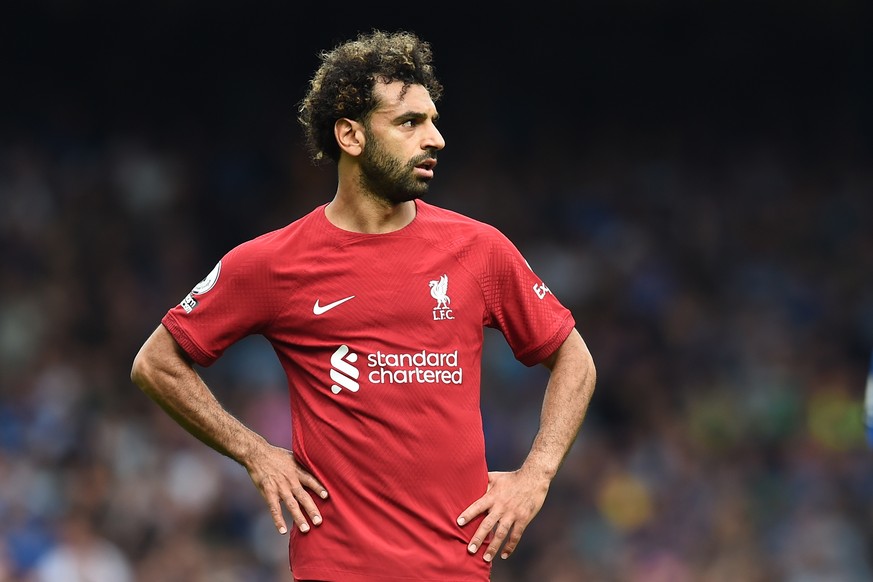 epa10157029 Mohamed Salah of Liverpool FC reacts after the English Premier League soccer match between Everton FC and Liverpool FC in Liverpool, Britain, 03 September 2022. EPA/PETER POWELL EDITORIAL  ...