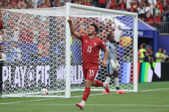 epa13044730 Joao Neves of Portugal celebrates after scoring the 1-0 goal during the FIFA World Cup 2026 group stage match between Portugal and DR Congo, in Houston, Texas, USA, 17 June 2026. EPA/MIGUE ...