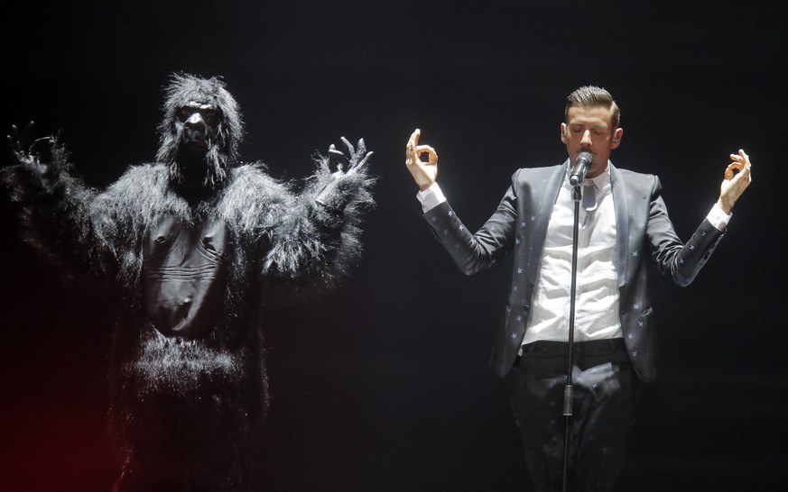 Italy&#039;s Francesco Gabbani performs the song &quot;Occidentali&#039;s Karma&quot; during rehearsals for the Eurovision Song Contest, in Kiev, Ukraine, Sunday, May 7, 2017. The first semi final of  ...