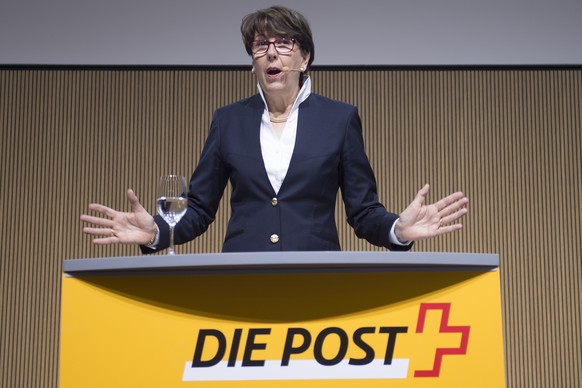 Susanne Ruoff Konzernleiterin Die Post, spricht waehrend der Bilanzmedienkonferenz, am Donnerstag 10. Maerz 2016 in Bern. Die Schweizerische Post hat im vergangenen Jahr einen Gewinn von 645 Millionen ...