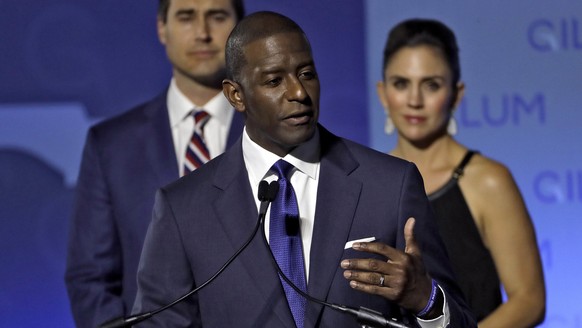 Florida Democratic gubernatorial candidate Andrew Gillum gives his concession speech Tuesday, Nov. 6, 2018, in Tallahassee, Fla. Gillum lost to Republican former U.S. Rep. Ron DeSantis. (AP Photo/Chri ...